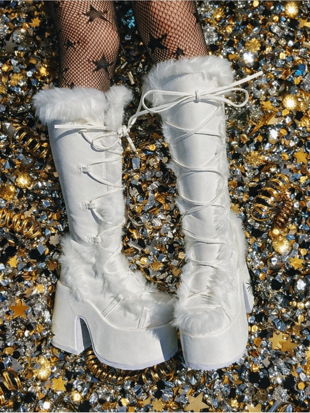 Demonia Women’s White Vegan Fur Combat Boots